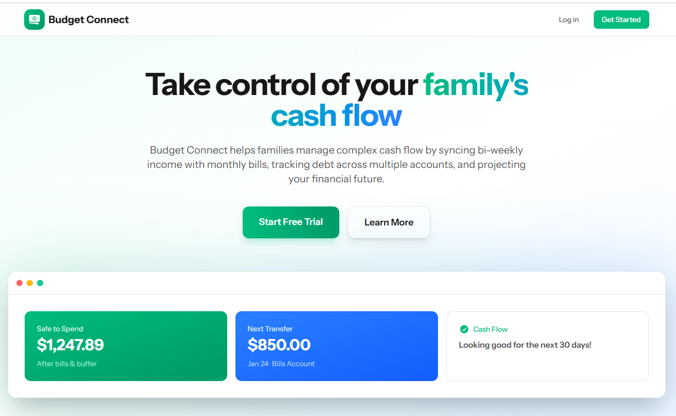 Budget Connect showing safe-to-spend, the next scheduled transfer, and a 30-day cash flow outlook.