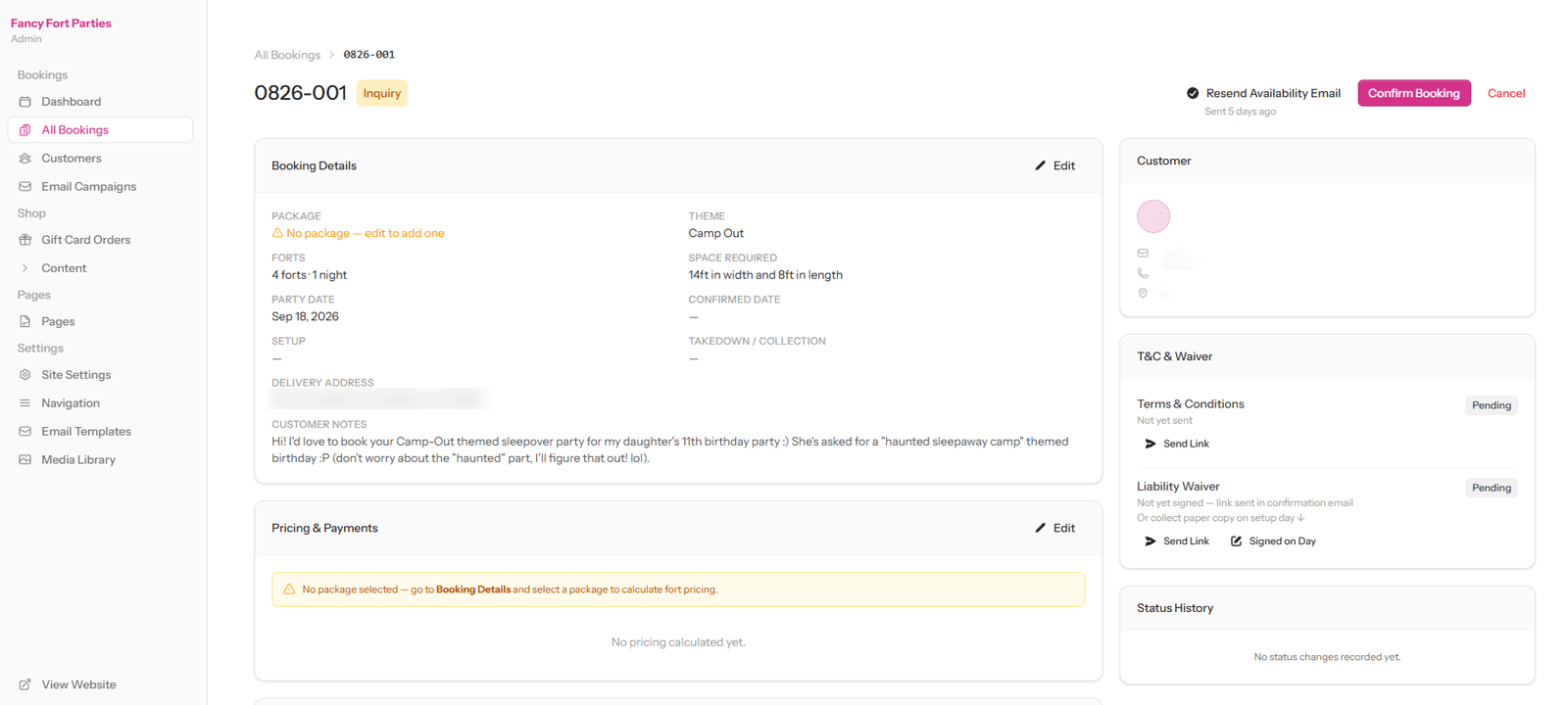 A Fancy Forts booking record — theme, forts, party date and customer notes, with the terms and waiver still pending and a link ready to send.