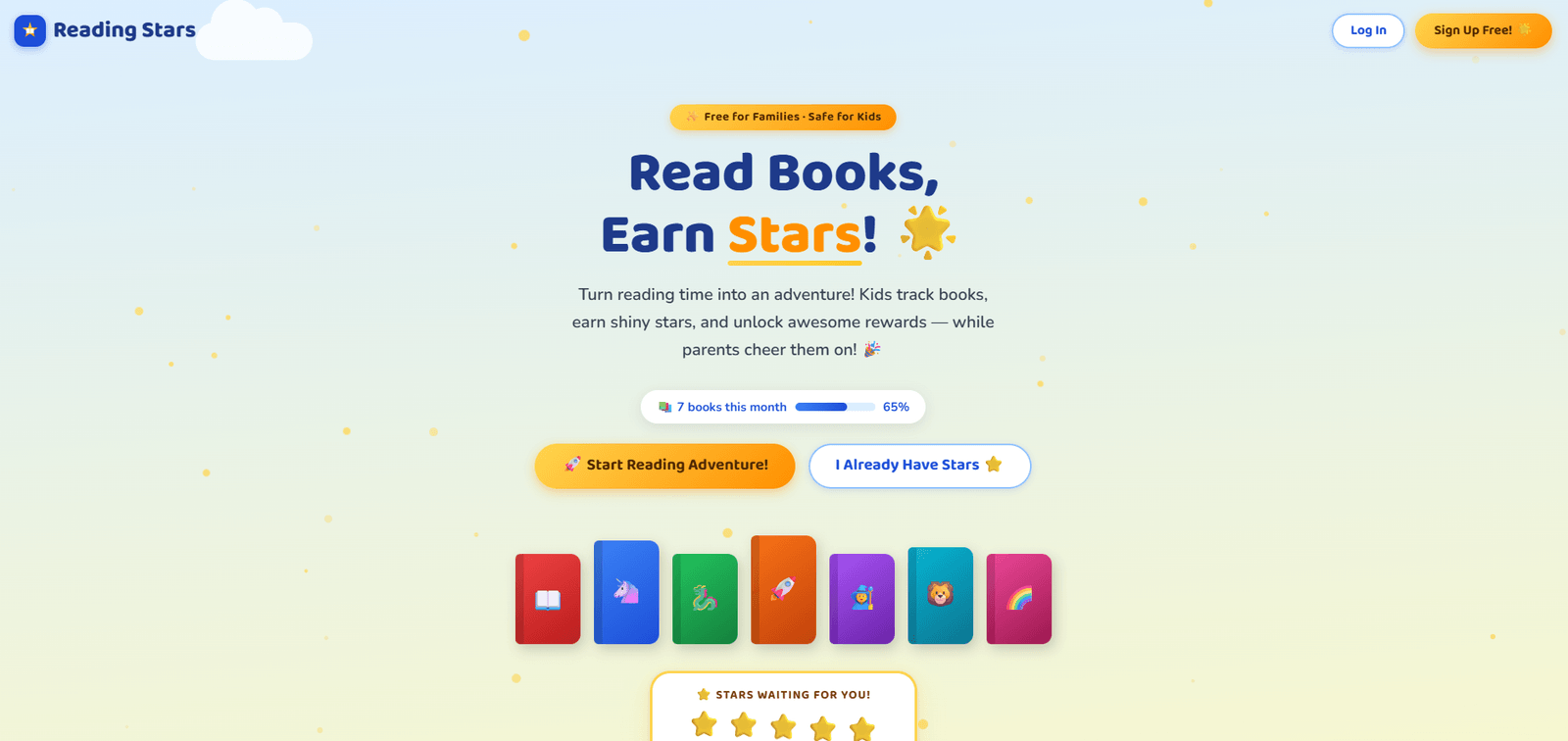 The Reading Stars welcome screen — read books, earn stars, with a monthly reading progress bar and a shelf of book covers.