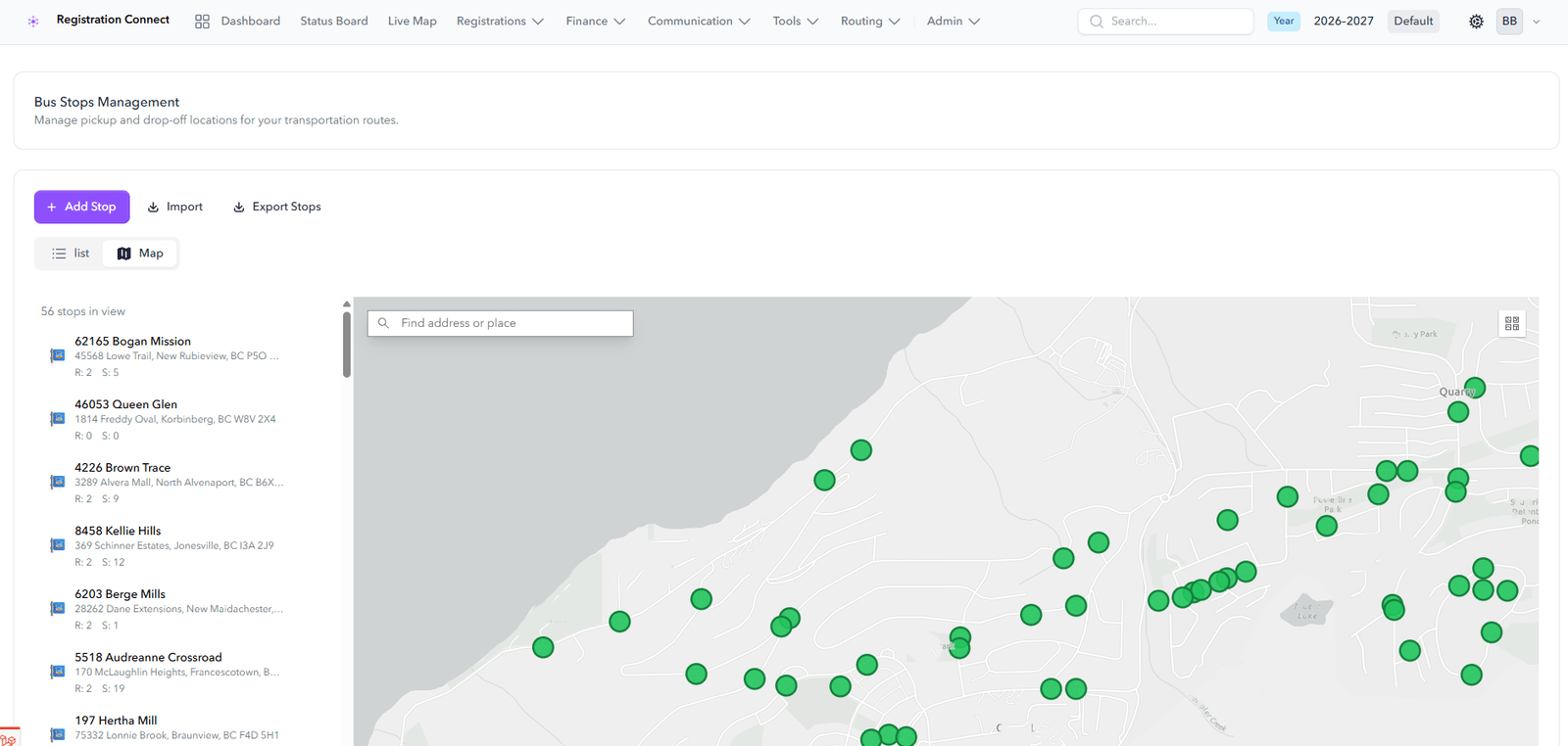 Bus stop management in Registration Connect — a district map with stops plotted across a neighbourhood, beside the searchable stop list.