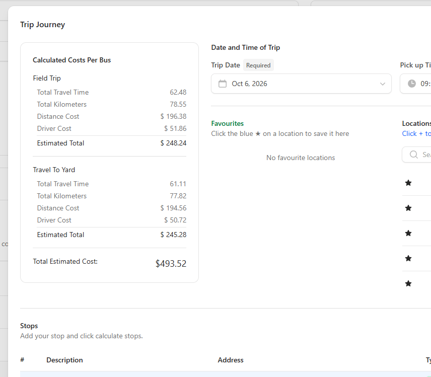 A Trip Connect journey with its calculated cost broken down by travel time, distance and driver cost.